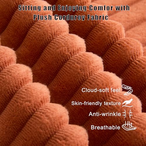 Image of L Shaped Boneless Couch Modular Sectional Sofa, Modern Cozy Corduroy Cloud Couch Loveseat with Ottoman, Memory Foam Convertible Sectional Sleeper Sofas for Living Room, Orange