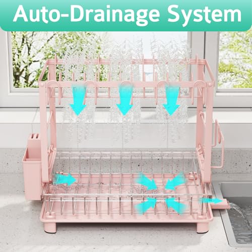 Image of Multifunctional Dish Drying Rack - Rustproof, 2-Tier Dish Racks with Drainboard, Space-Saving Design, Utensil & Cup Holder for Kitchen Counter, Pink