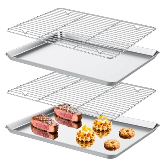 FoiiLiio 2 Pezzi Teglia Rettangolare in Acciaio Inox,40 x 30 x 2,5 cm Teglie da Forno con Griglia di Raffreddamento in Acciaio Inox,Professionale Teglia per Pizza Torte