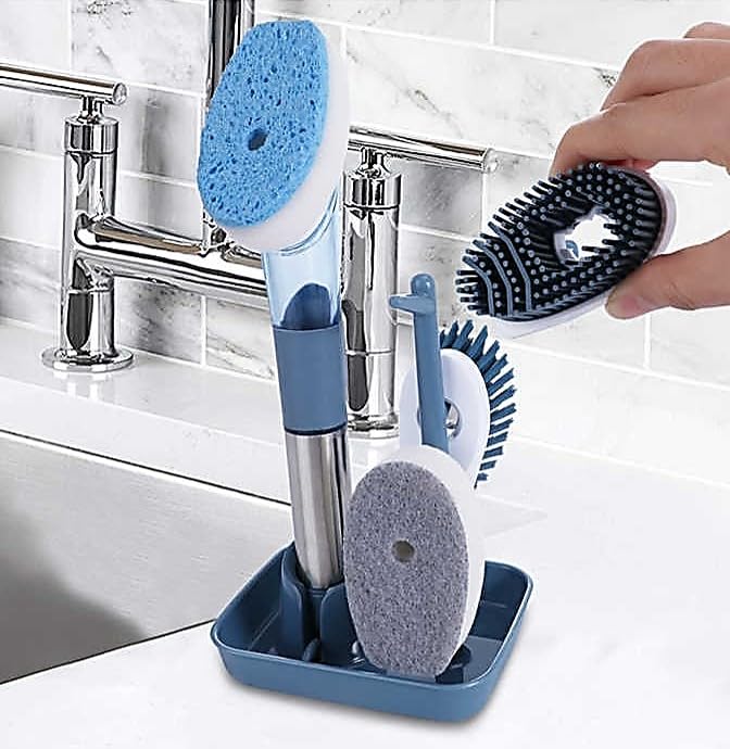 Image of Soap-Dispensing Dish Washing Brush Set - Includes 4 Replaceable Heads & Stylish Storage Stand - Effortless Scrubbing for Dishes, Pots, Pans & Sinks