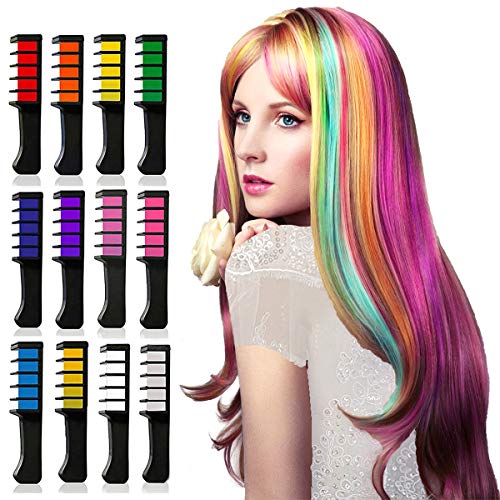 Hair Chalk for Girls Gifts, Temporary Bright Washable Hair Color Combs for Girls Kids Age 4 5 6 7 8 9 10 for New Year Birthday Party Princess Makeup Cosplay, Hair Chalk Comb For Halloween and Christmas (12 Colors)