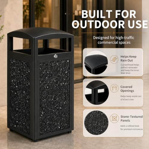 Image of Commercial Outdoor Trash Can with Lockable Lid | Heavy Duty, 15 Gallon, Removable Inner Liner, Stone Composite Panels, Black