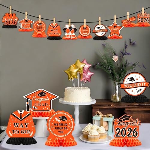 Image of Graduation Decorations 2026, 10PCS Graduation Centerpieces for Table Orange Black Graduation Party Decorations Class of 2026 Congrats Grad Honeycomb Centerpieces Table Decor Graduation Party Supplies