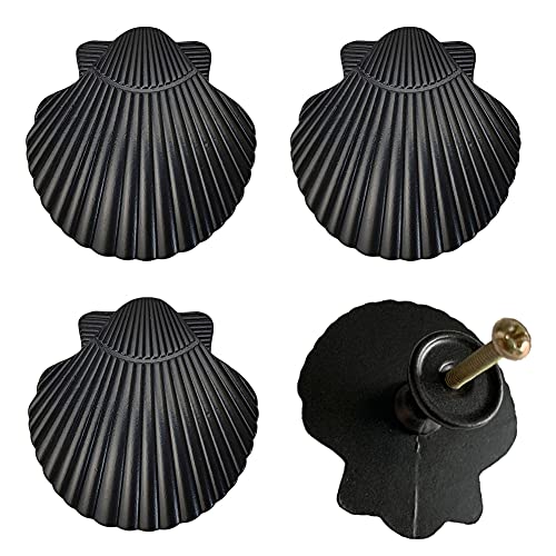RRRuo Seashell Drawer Pulls Handles Beach Ocean Theme Zinc Alloy for Dresser Cupboard Cabinet Closet Wardrobe Knobs Home Kitchen 4 Pieces (Single Hole, Black)