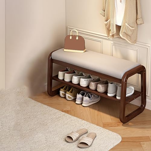 Banco zapatero de madera con asiento acolchado, ahorro de espacio para sala de estar y dormitorio, elegante diseño gris y blanco (80 x 34 x 42 cm)