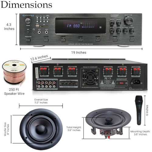 Image of Vaiyer Home Theater Sound System Kit - 6 Channel 6000 W Bluetooth Amplifier, 8 Qty of 8 inch Frameless Ceiling Speakers 300 W Each, Mic, 500 ft Speaker Wire & Remote for Home, Office, Restaurant