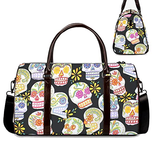 Sugar Skull Duffel Tote – Lightweight Travel Bag, TSA Approved Carry-On Luggage, Overnight Weekender Duffel with Mexican Calaveras Festival Design (21 x 9.5 x 11.5 Inches)
