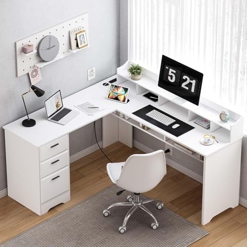 White L Shaped Desk with 3 Drawers, 60 inch L Desk with Moveable Hutch and Power Outlet, Large Home...