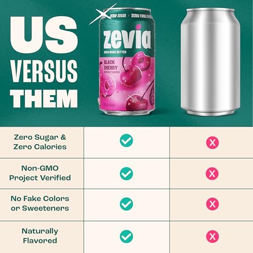 Image of Zevia Zero Sugar Soda, Black Cherry, 12 oz Cans (24-Pack) - Naturally Sweetened, Non-GMO Project Verified, Gluten-Free, Vegan