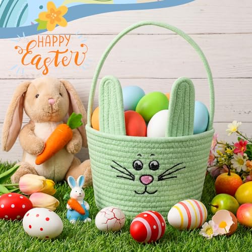 Image of Teenyyou Woven Easter Baskets Woven Bunny Baskets with Handles Eggs Hunt Bucket Rabbit Cotton Rope Basket Baby's First Easter Basket Gift for Toddler Boys Girls(Macaron Green)