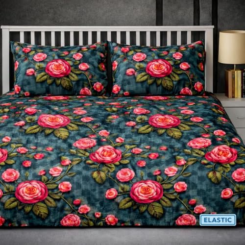 Image of RUMPS 380 TC Premium Heavy Cotton 7D Print Fast Colour Feel Elastic Fitted Floral Bedsheet King Size with 2 Pillow Covers || (Blue,red, Fitted - Double-72 x72)