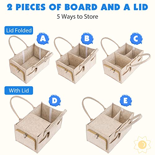 Image of Maliton Felt Diaper Caddy Organizer with Lid - Large, Khaki | 15x9x7 inch Portable Nursery Storage Bin and Car Organizer for Diapers, Wipes. Boy & Girl Shower Gift Basket, Baby Essentials