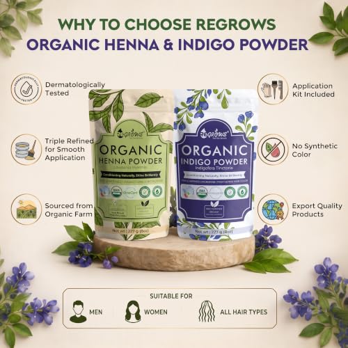 Image of ReGrows 100% Certified Organic Henna & Indigo Powder Combo | Natural Plant-Based Hair Color | USDA Organic Certified | No Ammonia | No PPD | Includes Application Kit | 227g + 227g