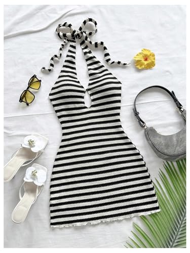 Image of GORGLITTER Women's Vacation Outfit Crochet Halter Knit Bubble Mini Dress Sexy Beach Cruise Summer Miami Resort Outfits