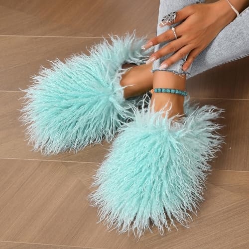Image of Unisex Fuzzy Faux Fur Slippers, Women's Fluffy Long Hair Sheep Faux Fur Slip on Slides, Girls Luxury Big Fluffy Outdoor Flat Slippers, Long Curly Hair Non-Slip Warm Home Slide Shoes