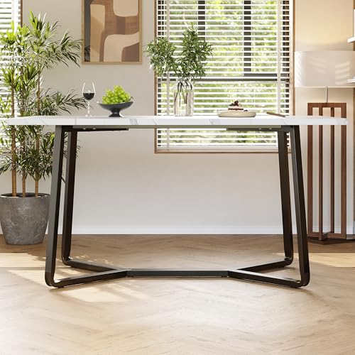 A ALFRESCOOL Mesa de comedor (138,5,8 x 75 x 76 cm), mesa de lujo ligera para 4-6 personas, adecuada para comedor, sala de estar, tablero de mesa de mármol de MDF, patas negras