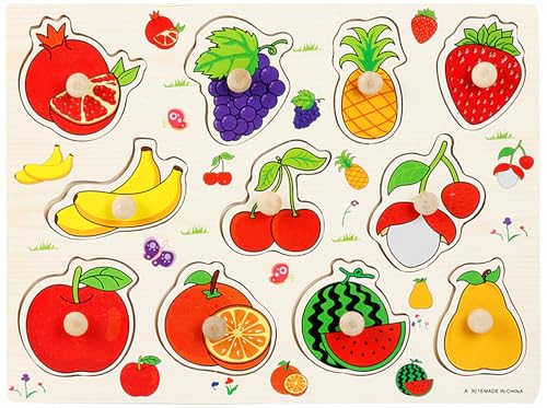 木製パズル 動物積み木パズル モンテッソーリ 幼児早期開発 形認識 色認知 色彩感覚 脳トレ 果物/動物/交通/海洋生物/野菜/英字 かわいい アップパズル 学習への興味を育む (果物)