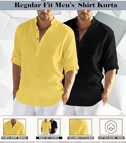 Image of Zombom Men's Combo Cotton Polyester Blend Solid Full Sleeve Straight Regular Fit Mandarin /Chinese Collor Kurta (Pack of 2)