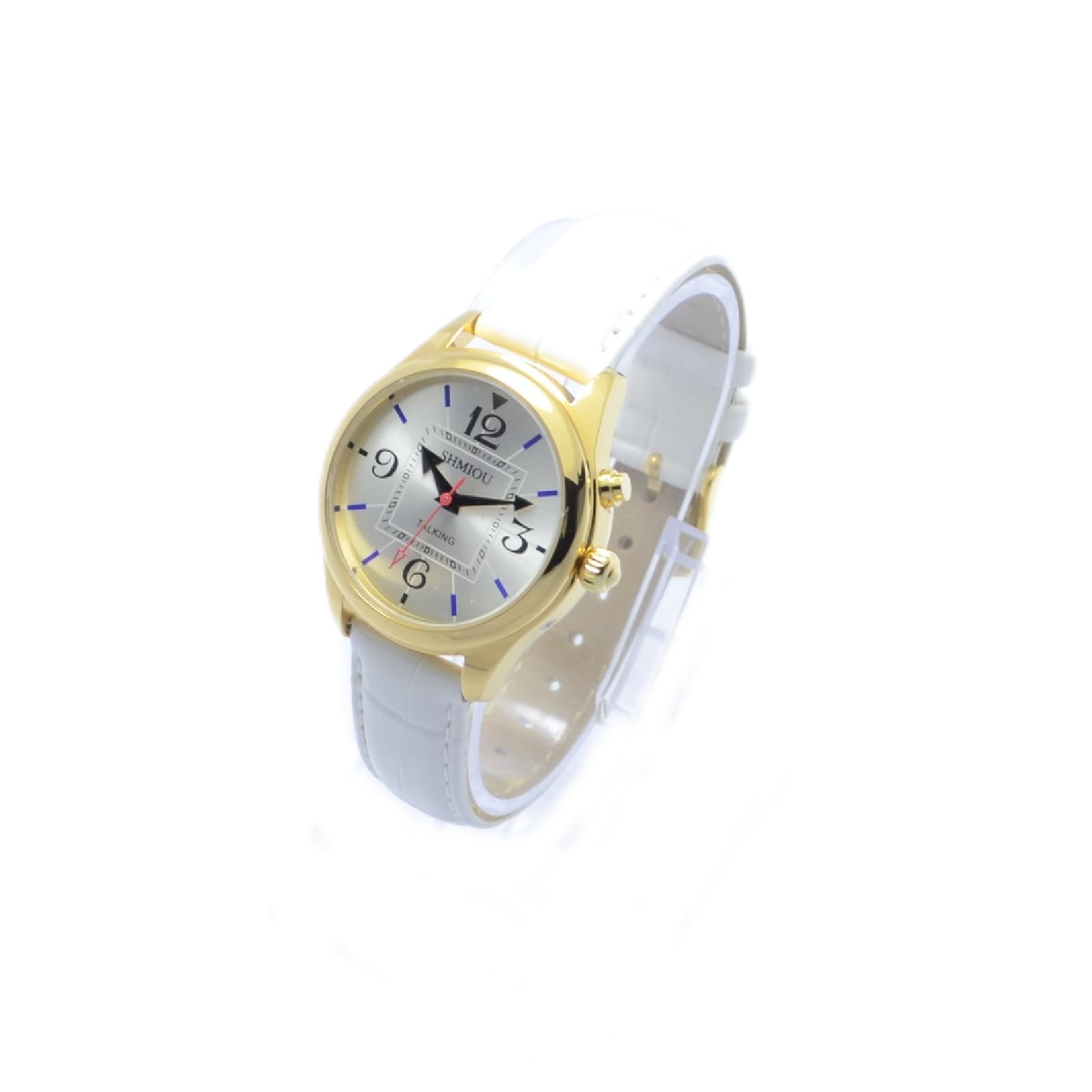Orologio Parlante Italiano Per Anziani, non Vedenti con Malati di Alzheimer Sonoro Annuncio della Data Cinturino in Pelle Bianca XM-IT-240301