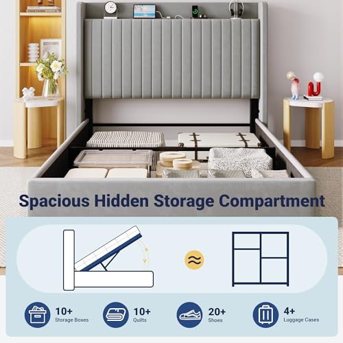 Image of Allewie Full Size Lift Up Storage Bed Frame,Storage Shelf Headboard with Charging Station,Type-C and USB Ports,Hydraulic Support,Velvet Upholstered Bed Frame,No Box Spring Needed,Grey