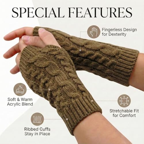 Image of Kraptick Women's Cable Knit Fingerless Gloves - Winter Soft Woolen Arm Warmers with Thumb Hole - Thermal Half Finger Mittens for Typing, Driving & Texting (Free Size, Khaki)