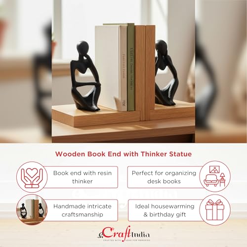 Image of eCraftIndia Wooden Book End with Resin Thinker Statues Showpiece for Home Decor Office Table | Gift for Housewarming Birthday