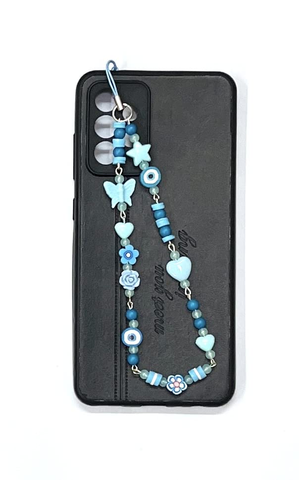 Heddz Blue Acrylic Heart Beads Phone Lanyard Wrist Strap | Handmade Acrylic Beaded Phone Charm | Phone Cords and Crossby Strings | Beaded Phone Chains and Lanyards