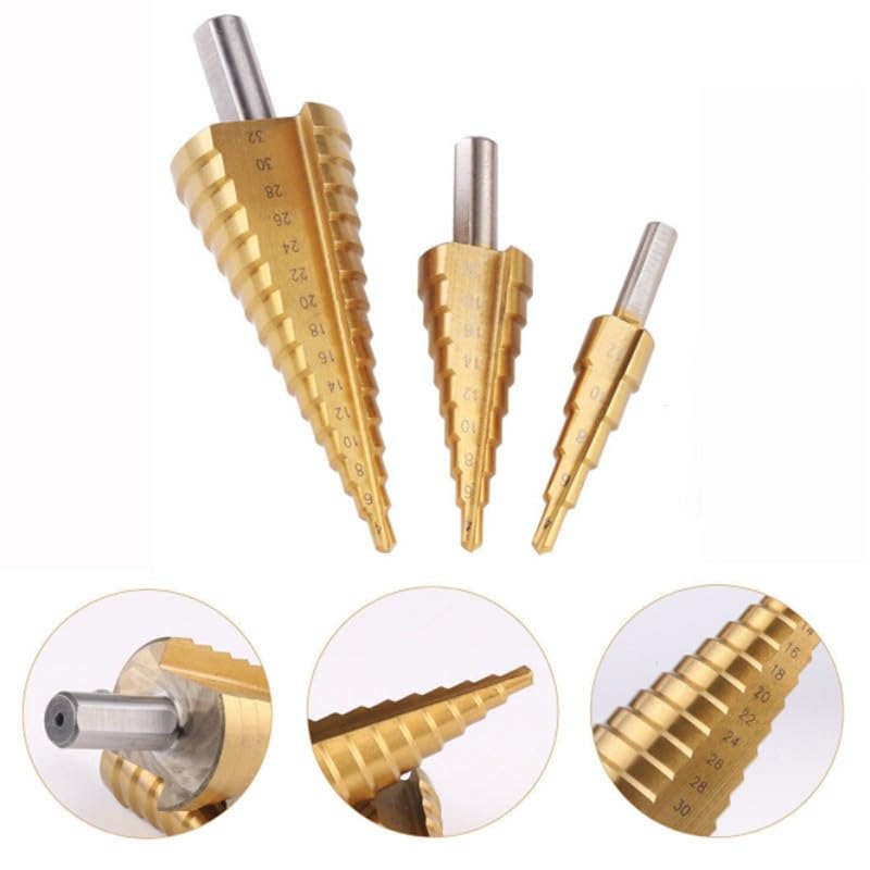 Juego de brocas escalonadas, 3 piezas, acero HSS, cortador de agujeros cónicos, tamaño múltiple, 4-12 mm, 4-20 mm, 4-32 mm, herramienta de biselado para acero, latón, madera, plástico, pistola