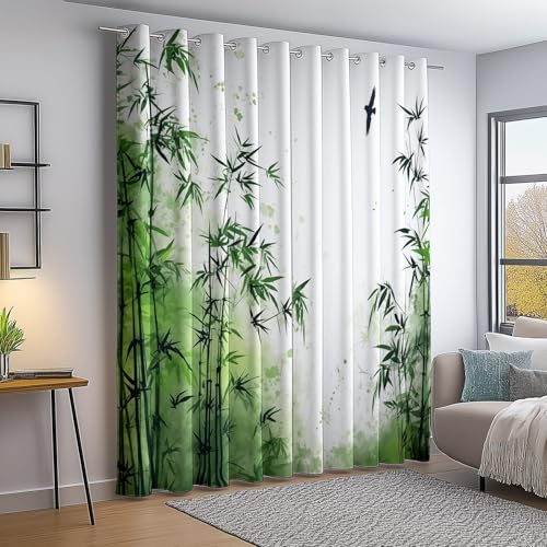 Blackout Cortinas de Dormitorio Verde Blanco, Estampado Oriental Pintura a Tinta Bosque de bambú Pájaros, Cortinas de Ventana con Aislamiento Térmico Tratamientos de Ventana 2 Paneles, 75An×166Al cm