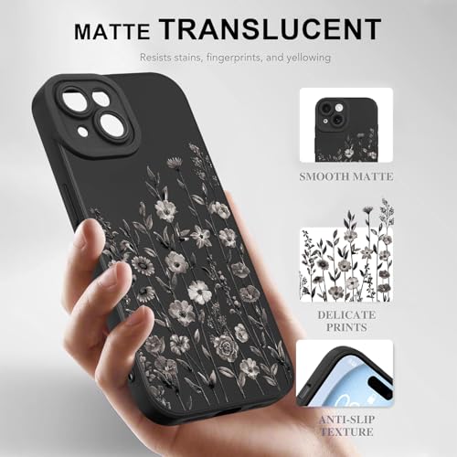 Image of Designed for iPhone 15 Case Flower for Women Girls, Black | Cute Floral Pattern Liquid Silicone Phone Case [Full Camera Protection] Slim Soft TPU Protective Cover