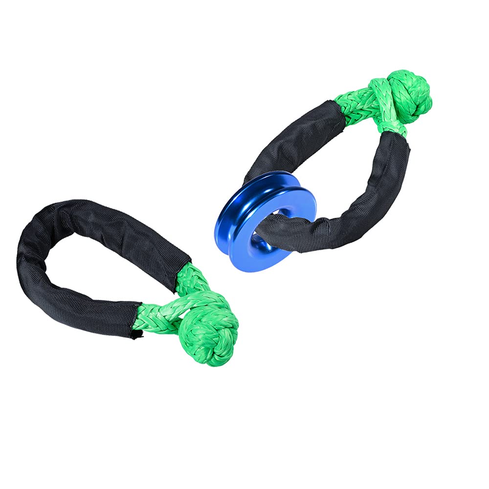 2X Green Synthetic Soft Shackle Rope WLL 38000lbs Protective Sleeve + 1X Blue Snatch Recovery Ring 41000lbs for SUV ATV UTV 3/8