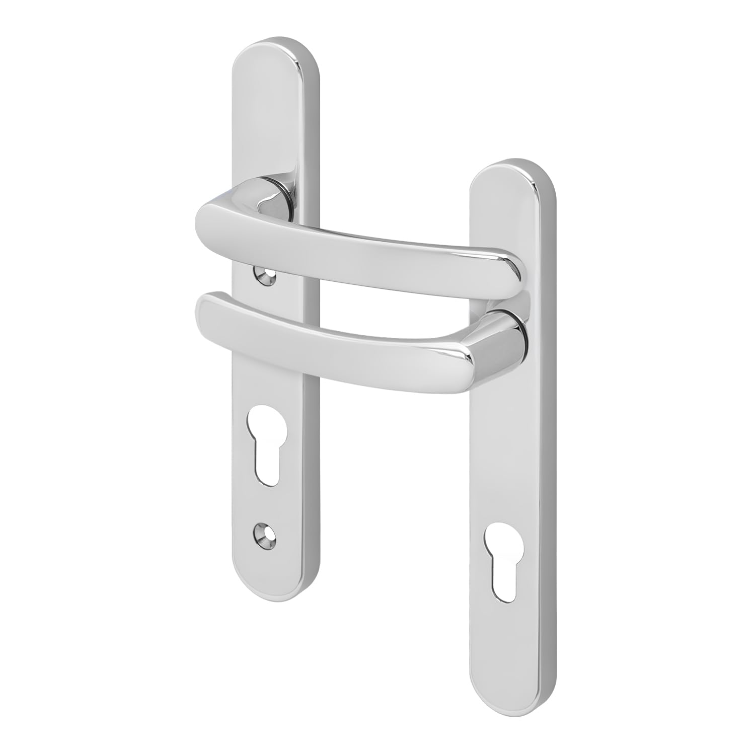 Eai Polished Chrome Chrome Upvc Door Handles, Composite Front Door Handles Sprung, 92Mm Pz Centres, 122Mm Screw To Screw, 245X34mm Backplate
