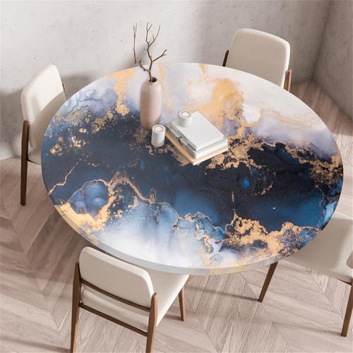 Muiuou Waterproof Elastic Fitted Round Tablecloth,Marble Printing Reusable Waterproof Oil-Proof Edged Protector Round Tablecloth,for Fitted Kitchen Restaurant Picnic (Diameter 60cm,Marble 17)