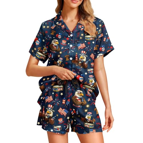 Image of Funny Pajamas for Women Set Print Satin Loungewear Pjs Short Sleeve Button Down Top and Shorts Sets Sleepwear XS-3XL