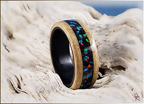 Dual Bentwood Ring - Japanese Ash wHouse Blend Opal inlay, on Bentwood Black Tulipwood ring core