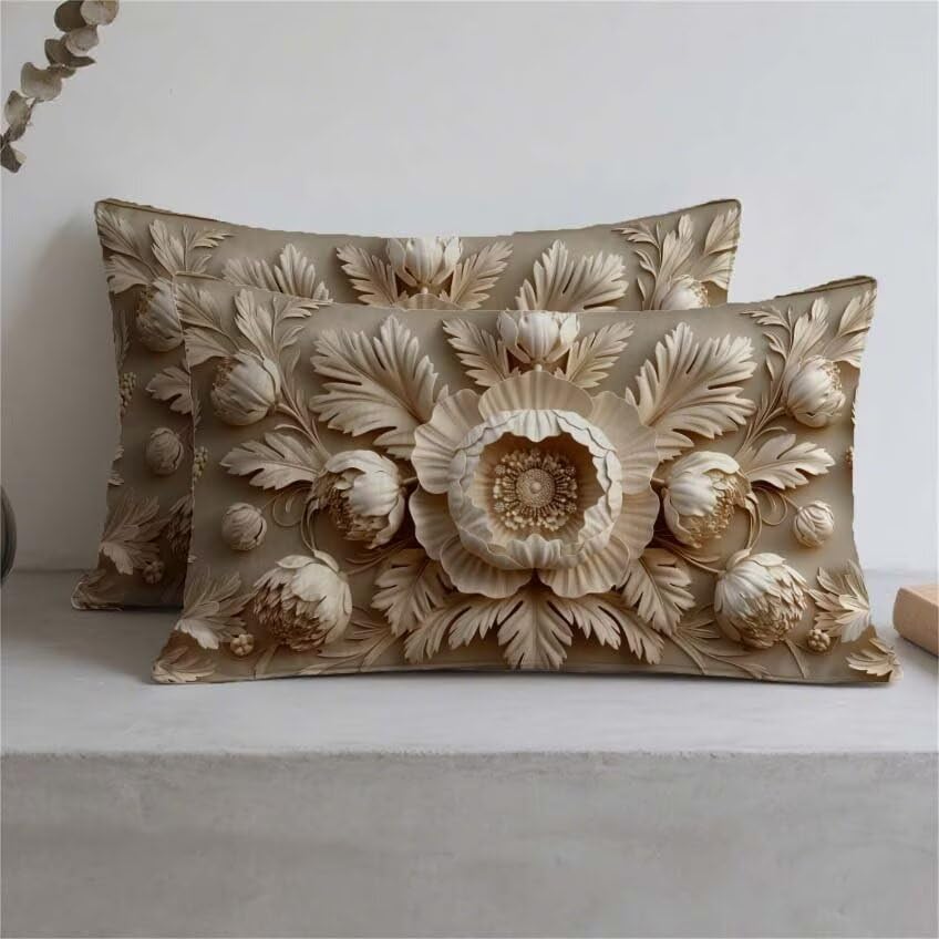 Housse de coussin 70x90cm en lin imperméable motif fleur crème