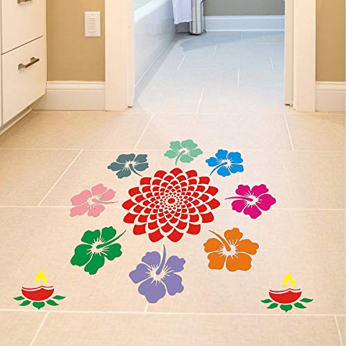 Image of Incredible Gifts India Flower with Diwali Rangoli Stencils for Floor Large Size with Six Rangoli Colors (Wood, 30cmx30cm)