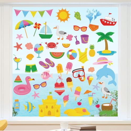Summer Window Clings for Glass Windows - 56PCS Double-Sided Reusable Static Anti-Collision Decals Colorful Tropical Beach Stickers for Home Classroom Kids Room Party Decor