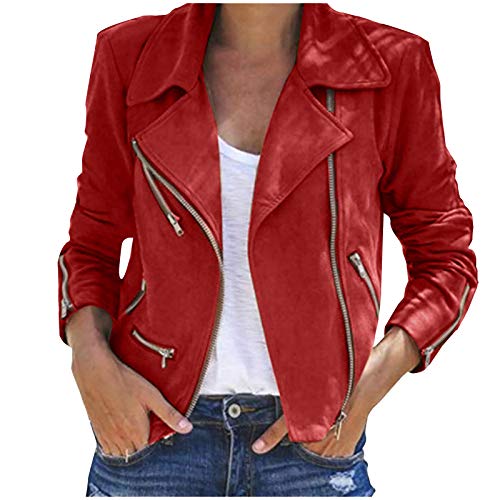 haoricu Ladies Up Leather Outwear Women's Plus Size Faux Suede Motorcycle Jacket Bomber Jacket (A-Red, XL)