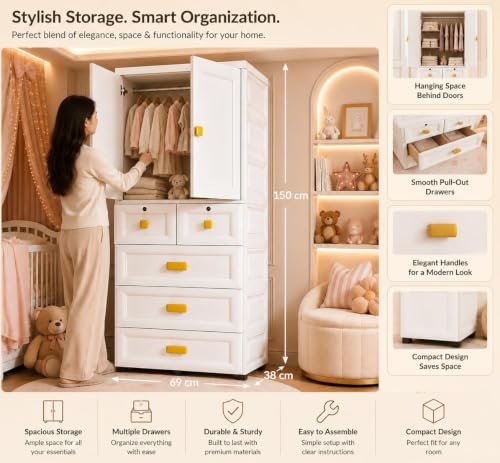 Image of HIWARE Premium Modular Wardrobe for Bedroom, Kids Room and Home | Spacious Clothes Storage Cabinet with Drawers and Shelves | Modern Stylish Design, Heavy Duty, Multiuse Organizer -MS18942
