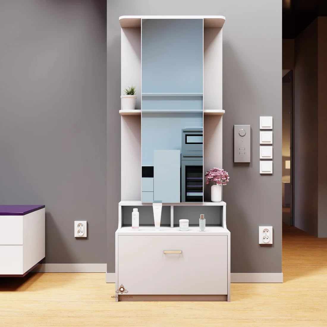 ABBAJI INTERIORS Engineered Wood Dressing Table with 6 Shelves and 2 Door (White)-image-41