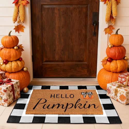 Fall Decor Door Mat Combo Set Hello Pumpkin 100% Coco Coir Welcome Mat 28x43in Black White Buffalo Plaid Rug Fall Thanksgiving Floor Entryway Doormat for Indoor Outdoor Front Porch Entryway Decor