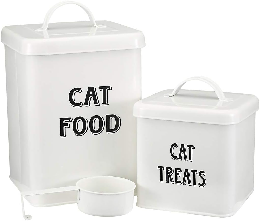 Pethiy Cat Food and Treats Containers Set with Scoop for Cats - Vintage Cream Powder-Coated Carbon Steel - Tight Fitting Lids - Storage Canister Tins Small