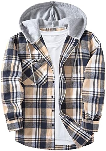 ZITY Men's Flannel Hoodie Shirts Casual Button Down Plaid Shirt Jackets for Men Long Sleeve Stylish Hooded with Pocket