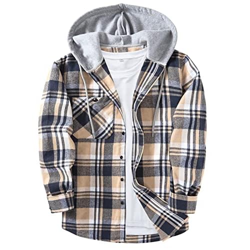 ZITY Men's Flannel Hoodie Shirts Casual Button Down Plaid Shirt Jackets for Men Long Sleeve Stylish Hooded with Pocket X-Large Navybeigewhite