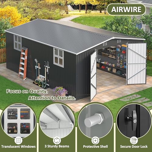 Image of AirWire 12x16 FT Outdoor Storage Shed, Garden Shed with Updated Frame Structure and Lockable Doors, Metal Tool Sheds for Backyard Garden Patio Lawn, Black