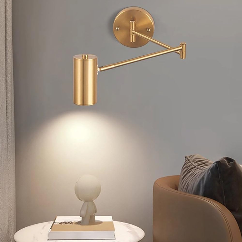 Lampy Ścienna Nowoczesna z Ramieniem LED, Kinkiet Regulowany Oświetlenie Ścienne Czytania Cylindryczne do Sypialni Salon Biuro E26(Gold,3 modes)