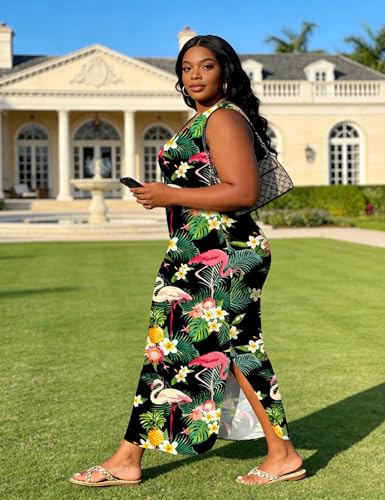 Image of UOUA Women Summer Maxi Dresses Plus Size Casual Hawaiian Sundress Sleeveless Loose Split Beach Dress with Pockets