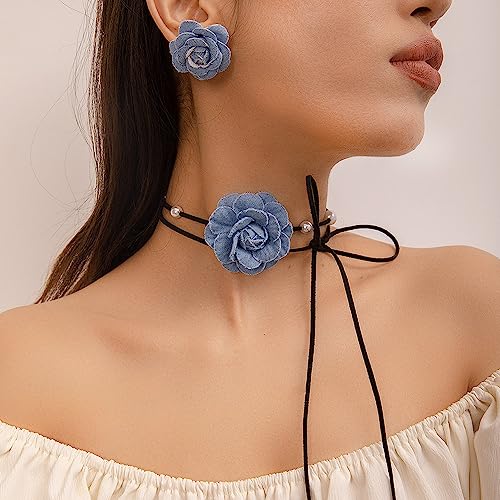 Denim Camellia Flower Choker Necklace and Jeans Floral Stud Earrings Set Fabric Cloth Blue Blossom Faux Pearl Callor Chain Adjustable Pendant Necklaces Fashion Jewelry Gifts for Women Girls3