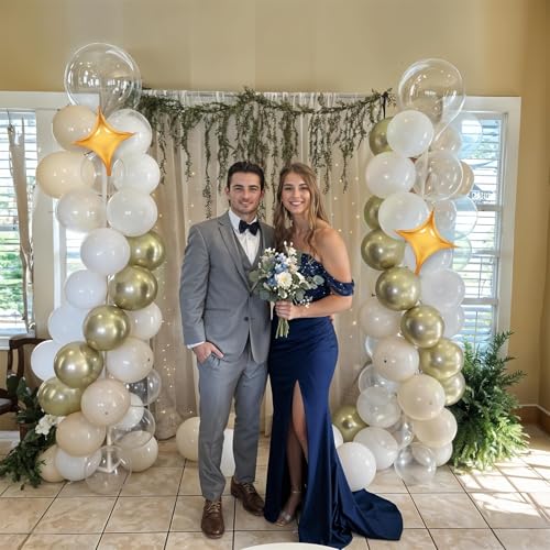 Image of Cream White Gold Balloon Arch Kit, Beige Balloon Garland for Baby Shower | Nude beige, cream white and champagne gold balloons with clear and star foil accents for boho birthday, shower and wedding